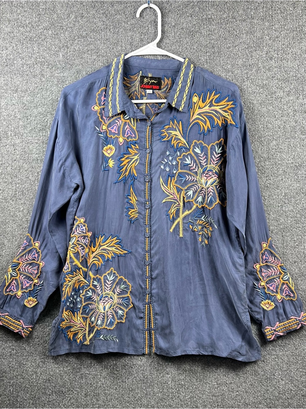 Johnny Was Biya Blue Long Sleeve Button Up Embroidered Top